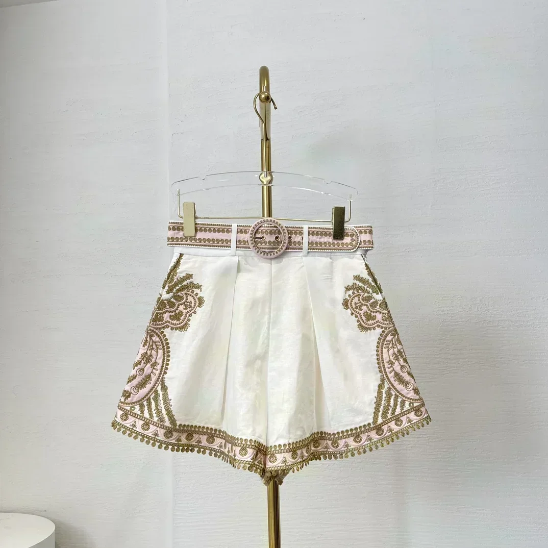 White Embroidery 2024 High Quality New Design Long Sleeve Ruffles Ramie Blouse Tops and Linen Shorts Women Set