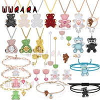 2022 swa fashion jewelry set cute bear series austrian crystal necklace bracelet earrings ladies romantic jewelry gift with logo