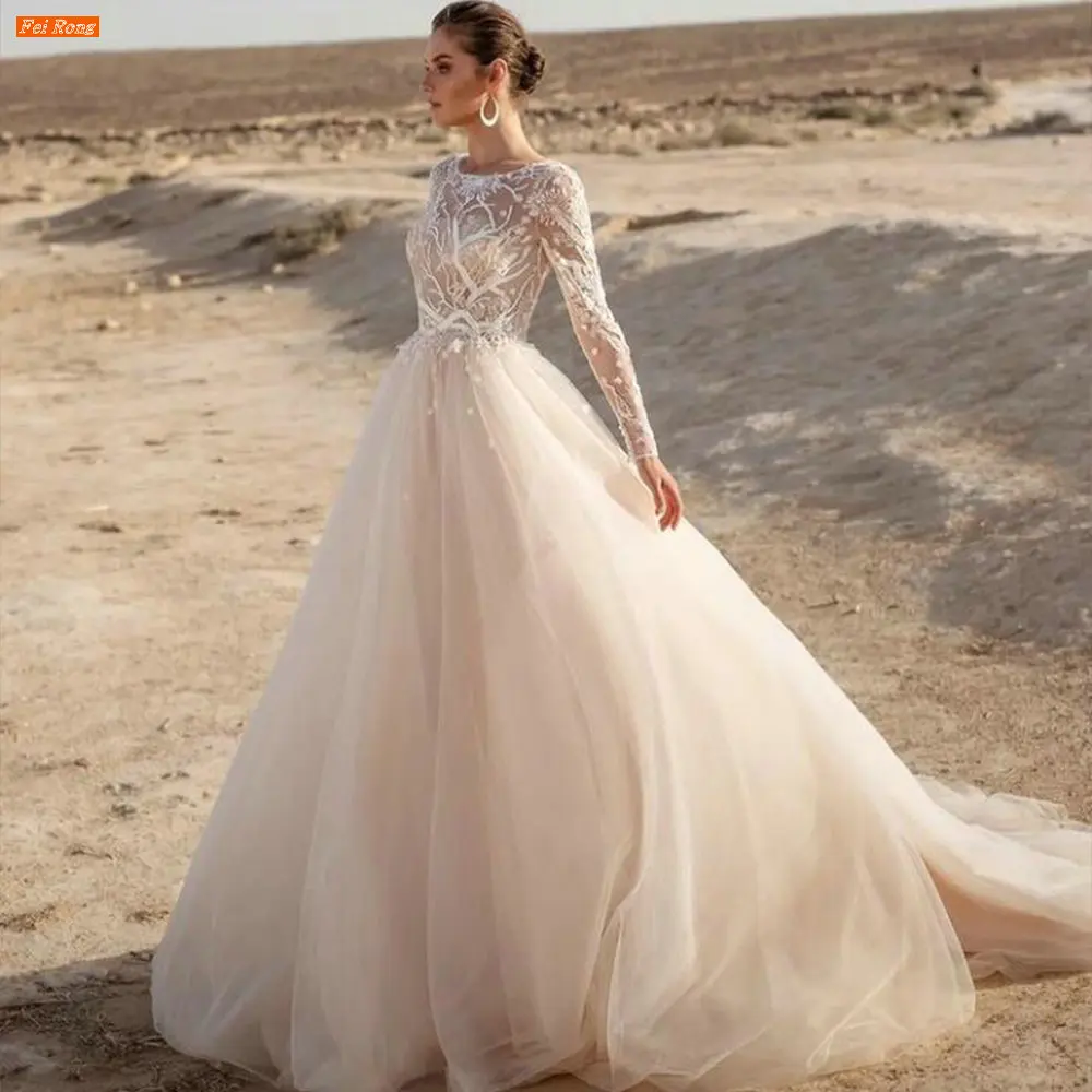 Boho Wedding Dress Lace Appliqués O Neck Long Sleeves Vestidos de Novia Buttons Beach A Line Bridal Gown Sweep Train Robe Mariée