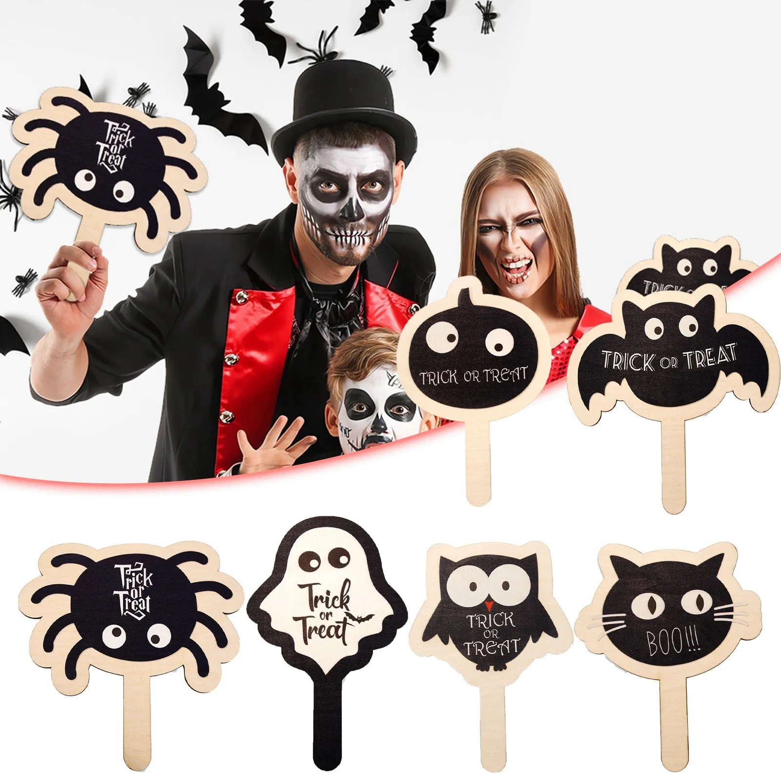 

Halloween Wooden Hand Held Card Festival Party Decoration Hand Held Photo Props Pumpkin Portable Photo Lights for Photography