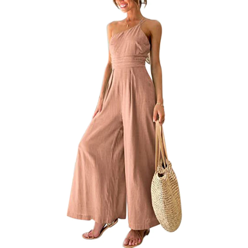 

ODM Pizzaza Y2K Simple Style Solid High Waist Loose Off Shoulder Backless A-line Suspender Jumpsuit Soft Ruffled Outfits