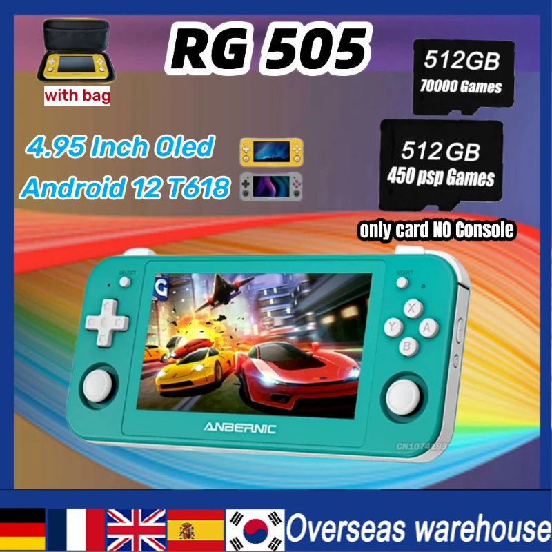 

NEW 512G RG505 ANBERNIC Retro Handheld Game 80000 GAMES Console OLED Touch Screen Android 12 System 4.95 Inch T618 Processor PSP