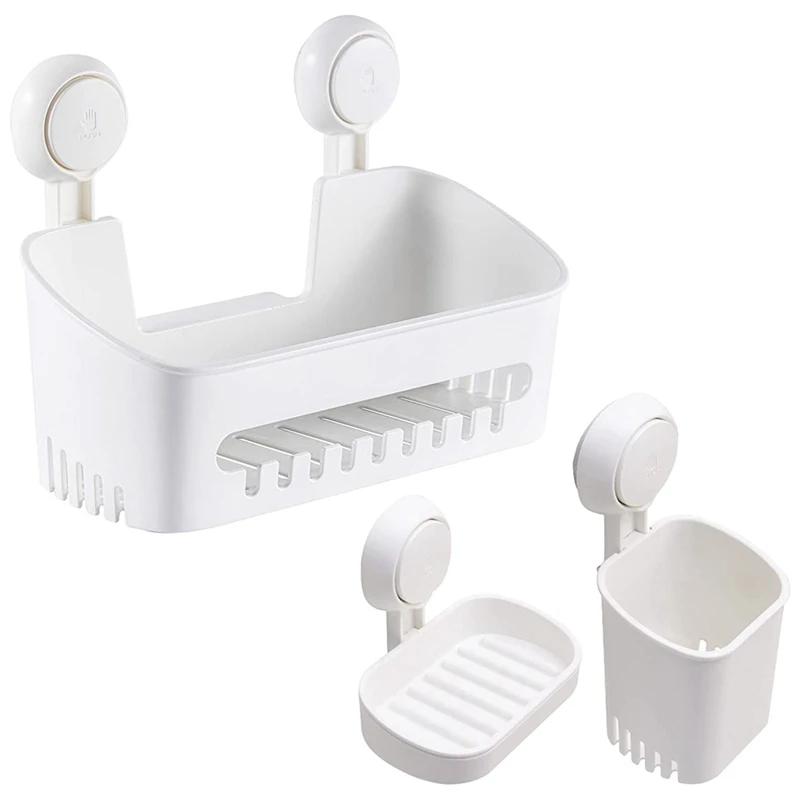 

Shower Caddy Removable Vacuum Suction Cup Storage Basket +Toothbrush Holder + Soap Dish, DIY Drill-Free Organizer Set