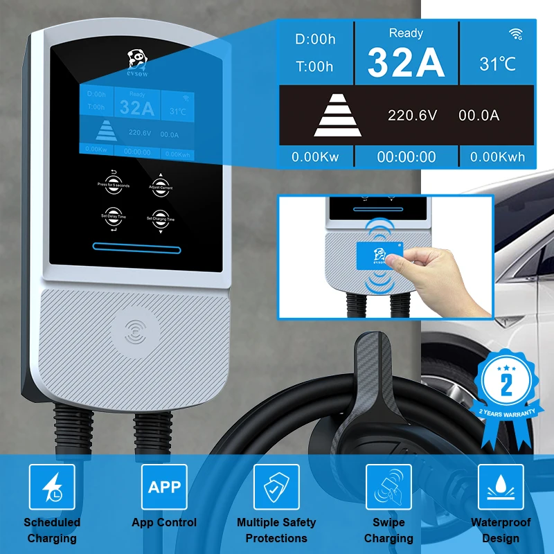 Evsow 22KW 32A 3P Зарядная станция для электромобилей Type2 IEC62196-2 Зарядное устройство 7.6KW
