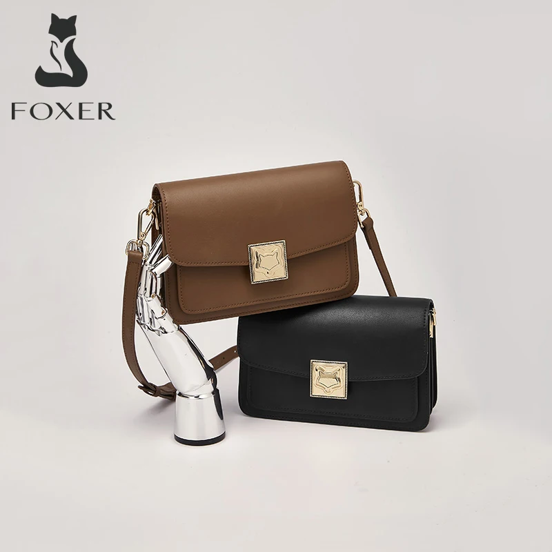 FOXER High Quality Split Leather Shoulder Messenger Bag Autumn Winter Retro Organ Crossbody Bag Women Elegant Lady Box Flap Bags