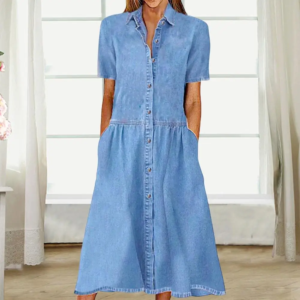 

Women Dress Loose Lapel Collar Splicing Summer Lady Pocket Button Denim Midi Long Dress Short Sleeve Lapel Collar Lady Dress