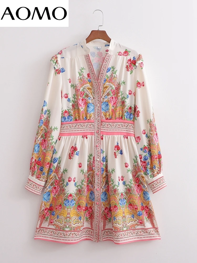 

AOMO 2022 Fashion Women Flowers Print Vintage Dress Long Sleeve Office Ladies Mini Dress 1D138A