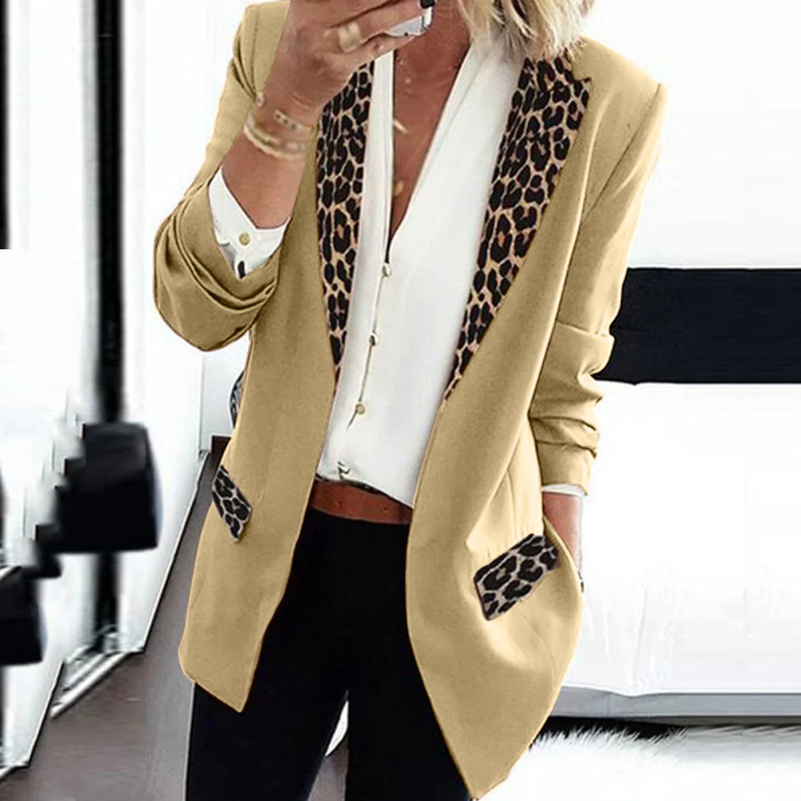 

2022 Long Sleeve Leopard Print Small Suit Fashion Office Lady Jacket Casual Blazer Women Cardigan Spring Elegant Women Thin Coat