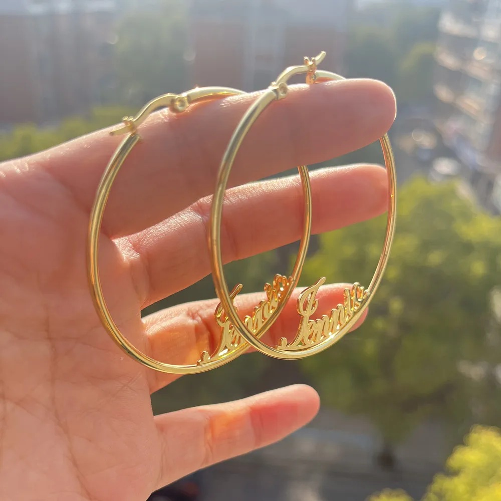 LW Custom Name Hoop Earrings Women Personalized Letters Stainless Steel Nameplate Circle Earring Gifts