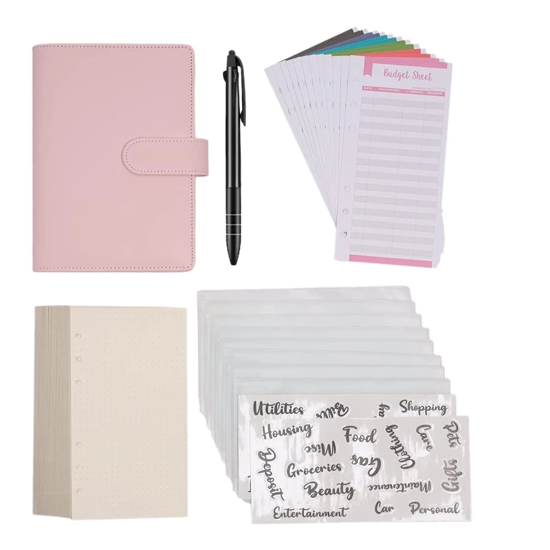 

PPYY-A6 PU Binder Cover with Binder Pockets Expense Budget Sheets Sticker Labels for Money Saving Cash Envelopes System