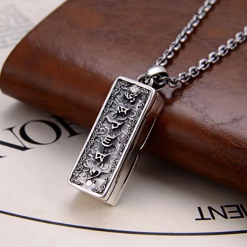 

New S925 pure silver ancient Thai silver seiko six words wave necklace harmonica pendant men