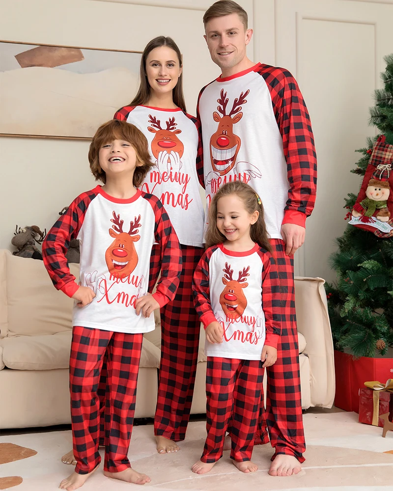 

Рождественская Пижама, наряд, Рождественская подходящая семейная одежда, комплект для детей, мамы, папы, Pjs, с длинным рукавом, красная, черная, клетчатая