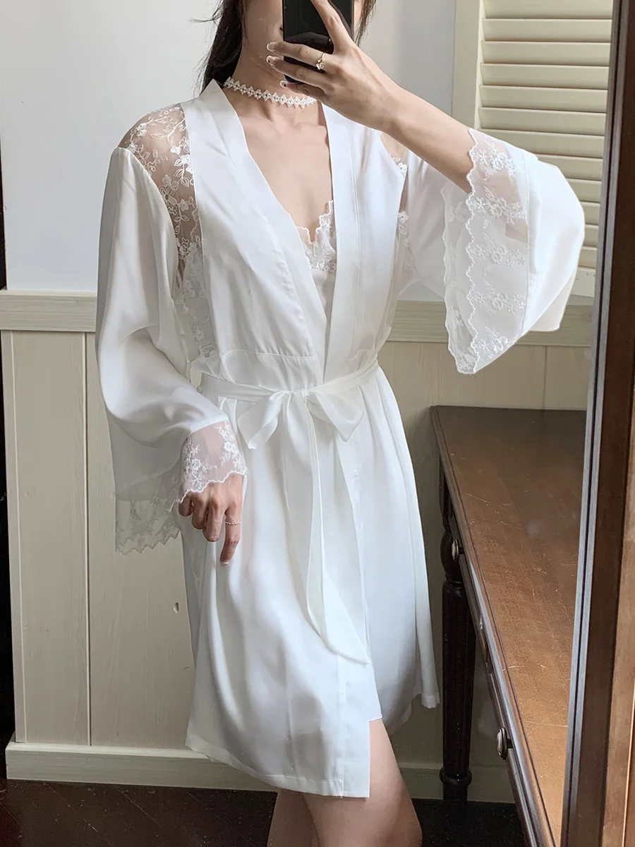 Sexy deep V temptation backless lace suspenders outer nightdress women's summer ice silk thin silk pajamas with chest pads