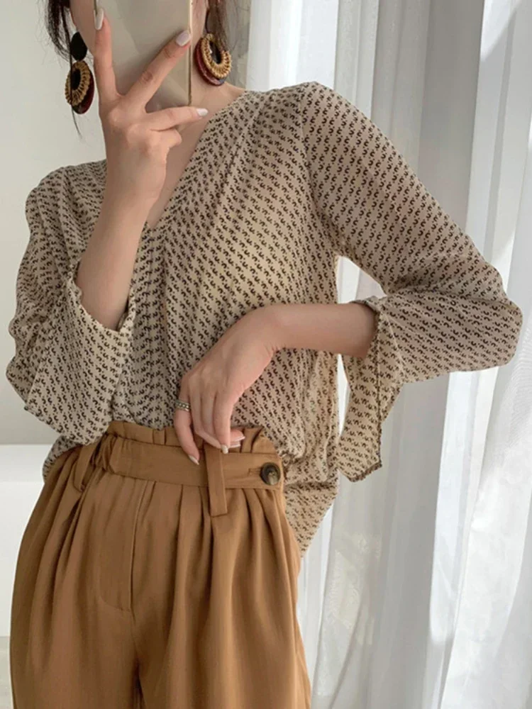 Винтажные женские рубашки блузки с v-образным вырезом и длинными рукавами