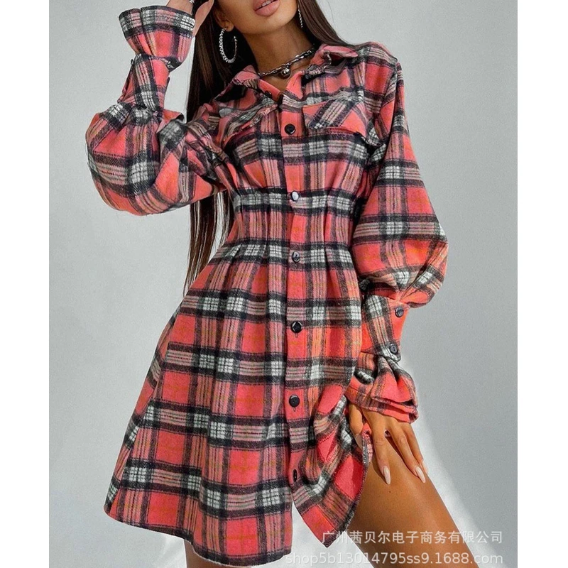 

Women's Shirt Dress Autumn Plaid Cardigan Mini Dress Women's Long Sleeve Single-Breasted High Waist Turn-down Collar Shirt Dress
