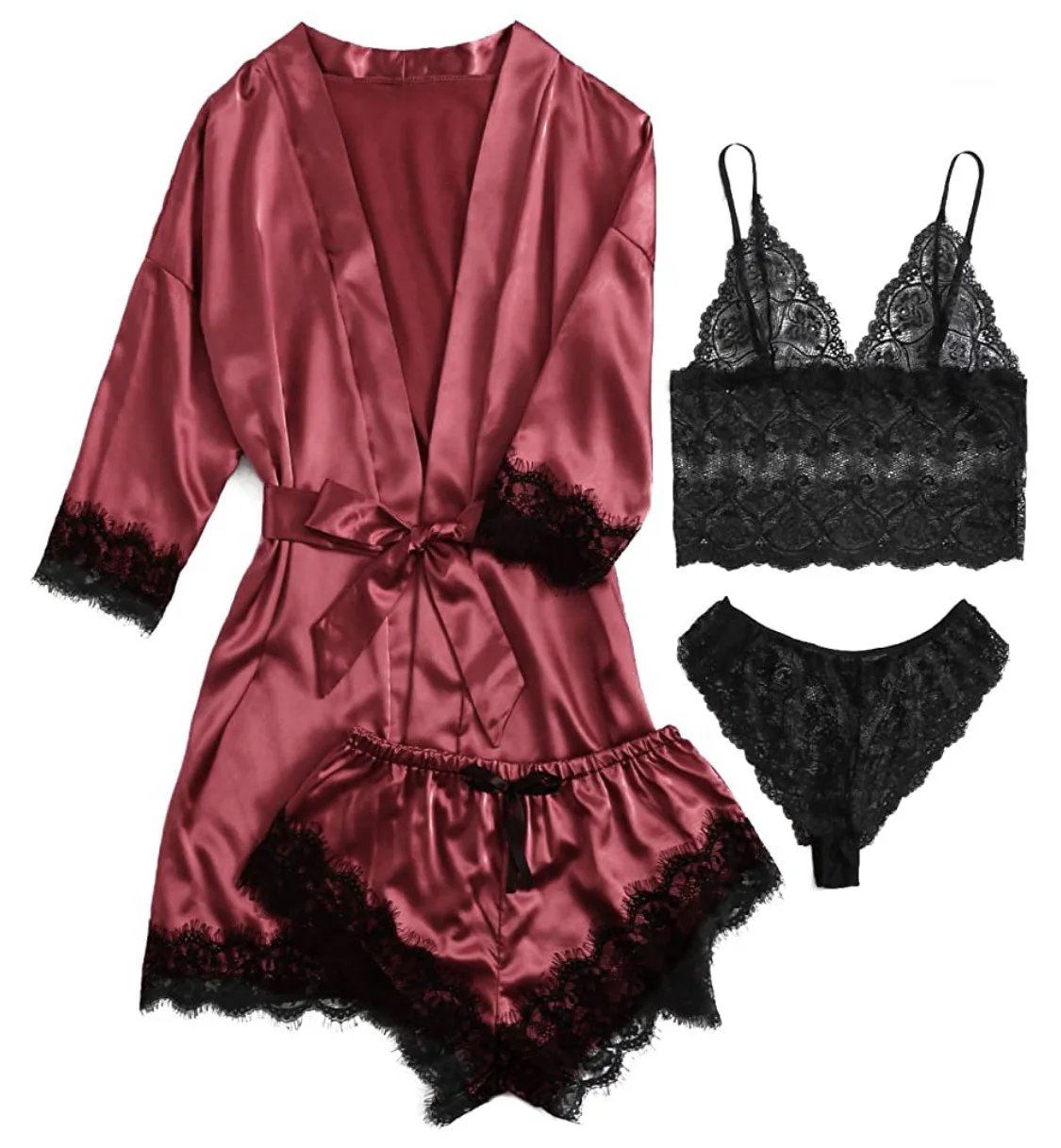 Woman Sleepwear 4pcs Floral Lace Trim Satin Pajamas Set with Robe Sexy Faux Silk Pijamas Robe Sets Casual Home Clothes Nightwear