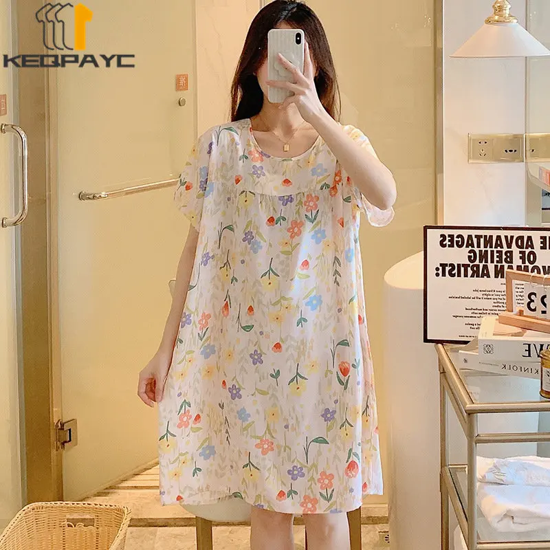 New 2023 Women's Sweet Nightgowns Spring Summer Women Short Sleeve O-neck Cute Cartoon Thin Loose Dress Sleepwear Casual Pajamas