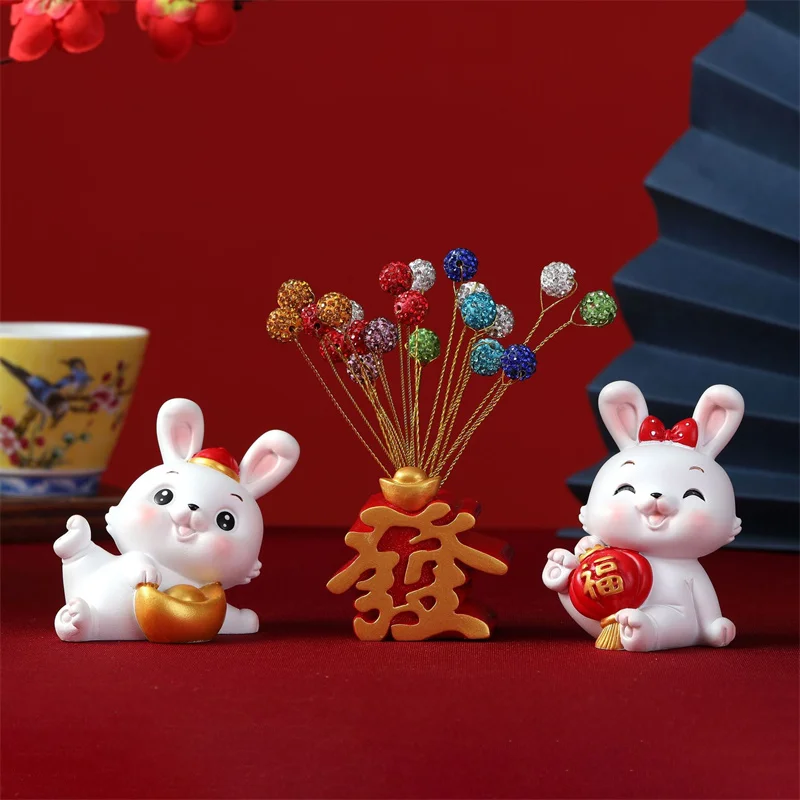 

Bunny Lucky Rabbits Craft Cute Bunny Figurine Light Luxury Trumpet Car Office Decor Resin Zodiac Ornaments Chinese New Year 2023