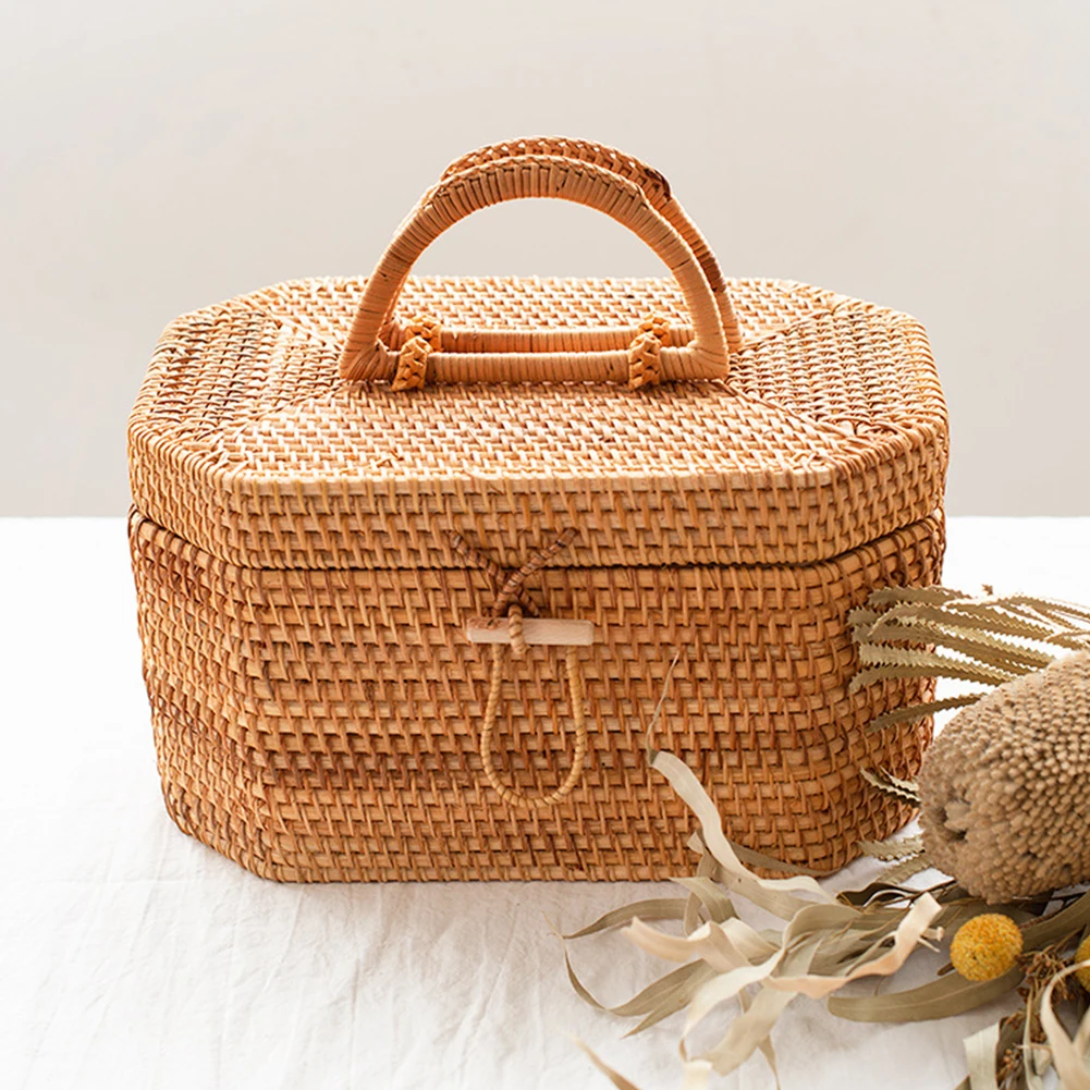 

Storage Basket Healthy Wicker Rattan Practical Picnic With Handle Camping Outing Removable Lid Easy Clean Hiking Large Capacity