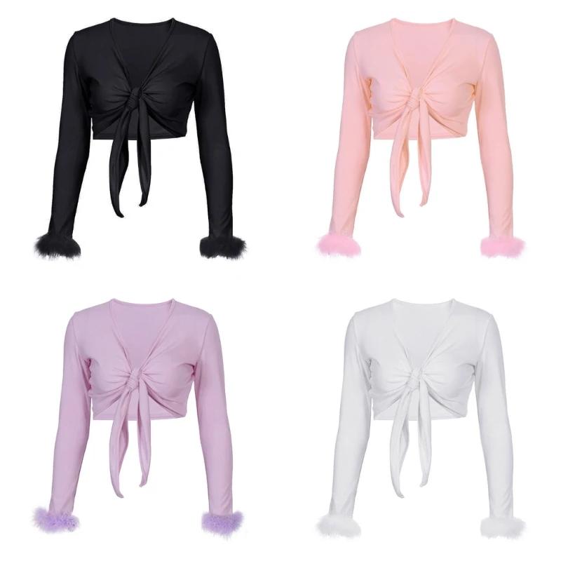

Womens Vintage Sexy Tie Front Crop Top Furry Cuffs Long Sleeve Solid Color Blouses Plunge V-Neck Bandage Shirts Cardigan