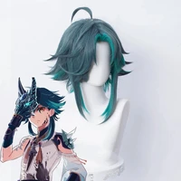 genshin impact xiao wig cosplay dark green synthetic short straight heat resistant hair cosplay wig wig cap