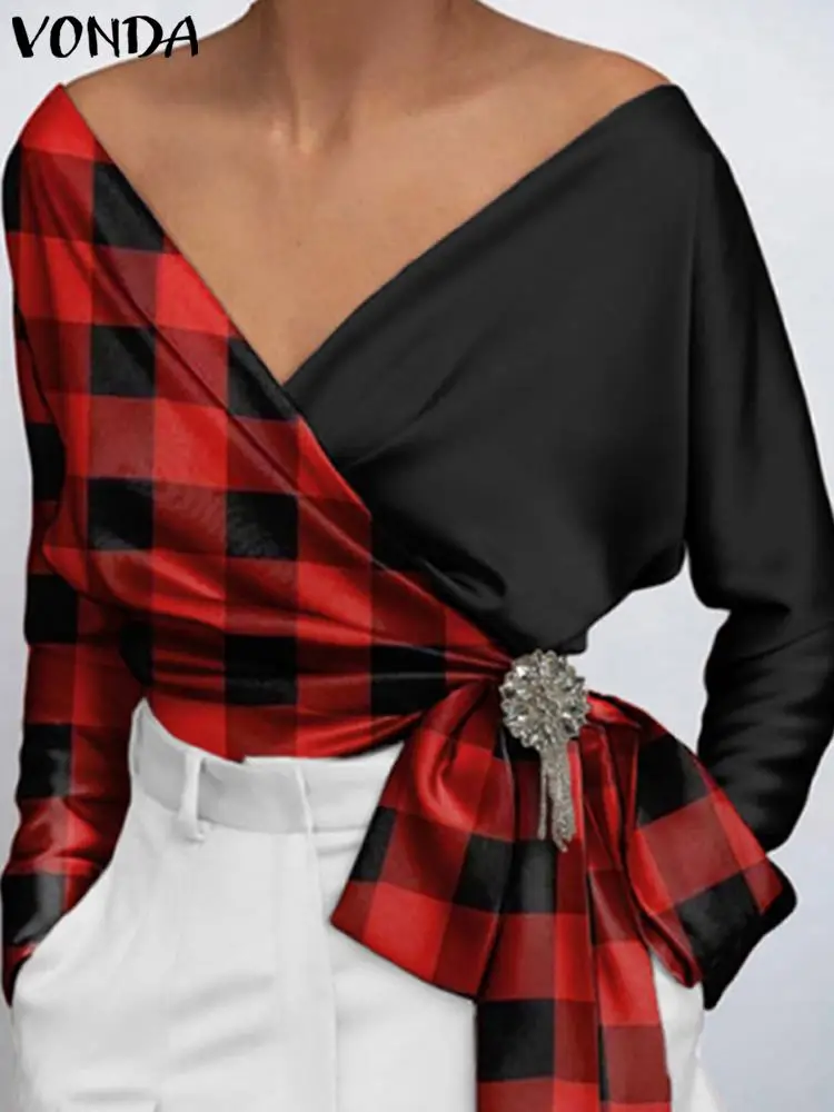 

Blouse Women Tops VONDA Pleated Tunic Blouse Vintage Checked Plaid Long Sleeve Blusas Femininas Tops Stylish Holiday Blouse
