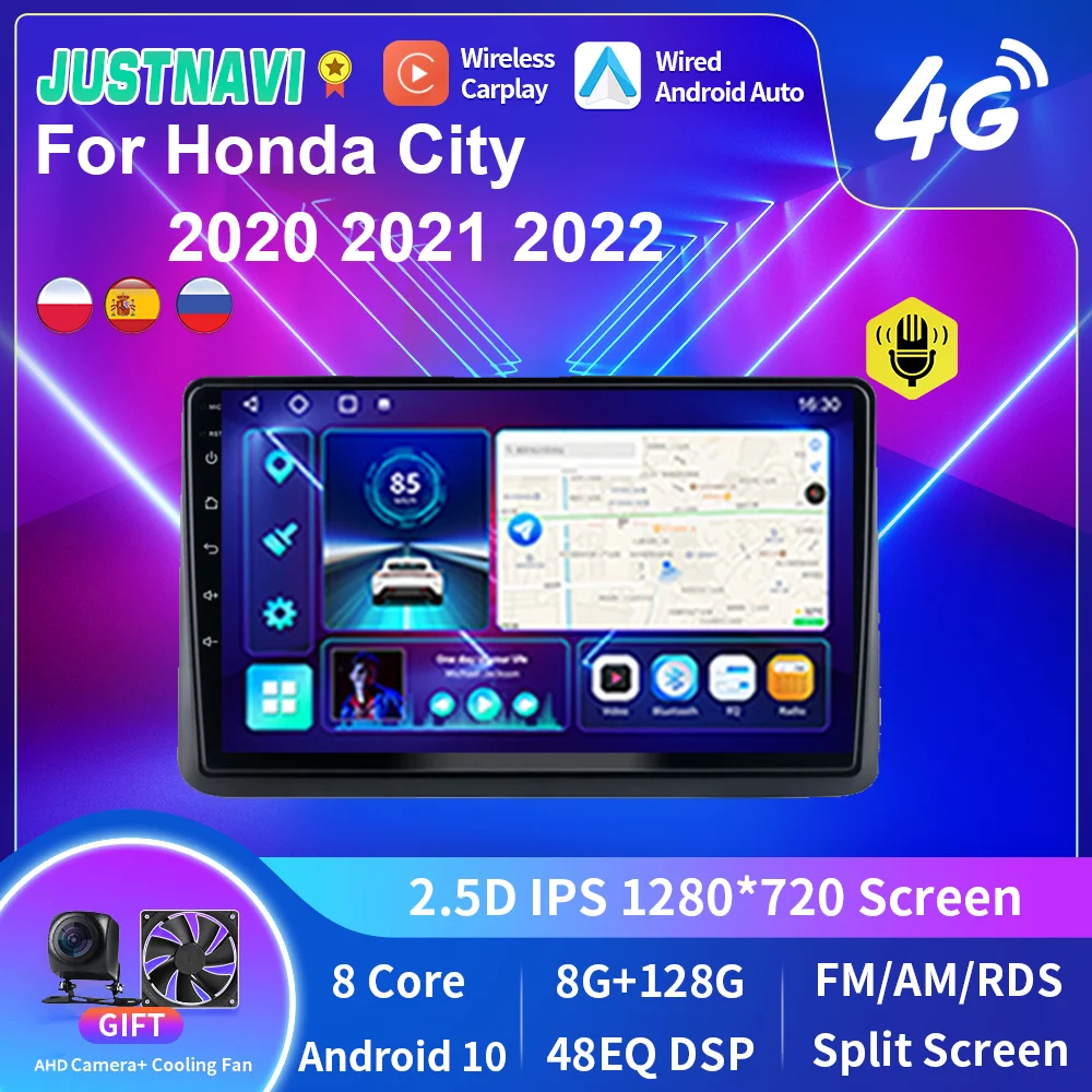 

JUSTNAVI 4G LTE Android 8 + 128G Автомобильный мультимедийный радиоприемник, стерео видеоплеер для Honda City 2020 2021 2022 SWC Carplay Auto RDS DSP