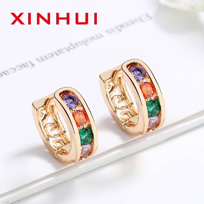 Xinhui 18 K Gold Ear Cuffs Jewelry Shiny Colorful Round Earrings In Festival For Mother And Wife Party Wedding Anniversary Gift