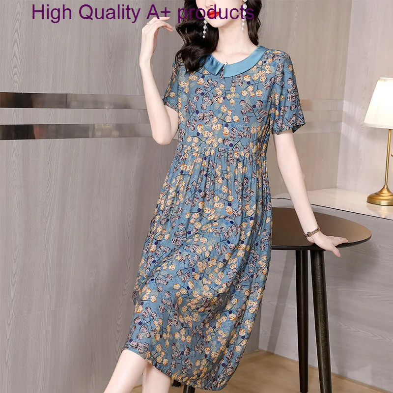 

Women's Silk Satin Short-Sleeved Doll Neck Midi Dress Spring And Summer New Loose 2023 Korean Vintage Hepburn
