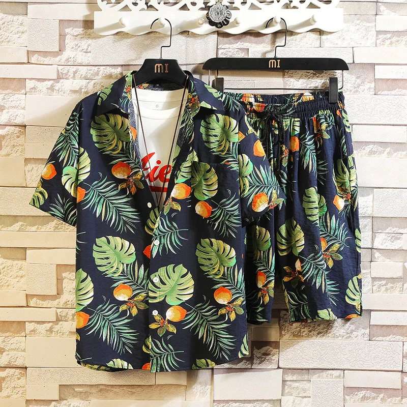 Summer New Men Print Short Sleeve Shirts Sets Lagre Size Loungewear 12Style Cotton Pajamas Suit Beach Travel Sleepwear Home Wear