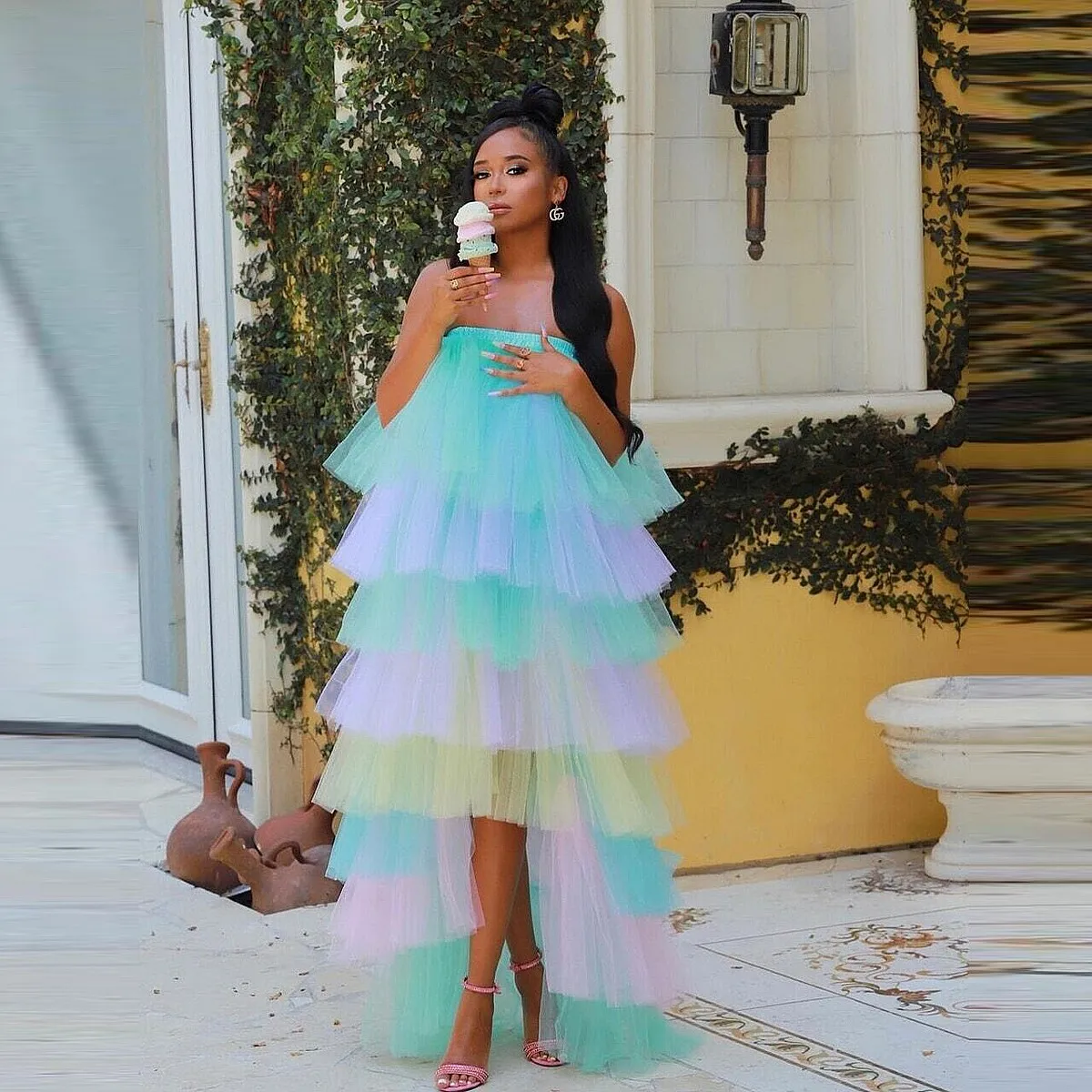 Candy Color High Low Tulle Birthday Dresses Strapless Women Dress Tiered Ruffled Colorful Tulle Gowns Gilrs Summer Wear