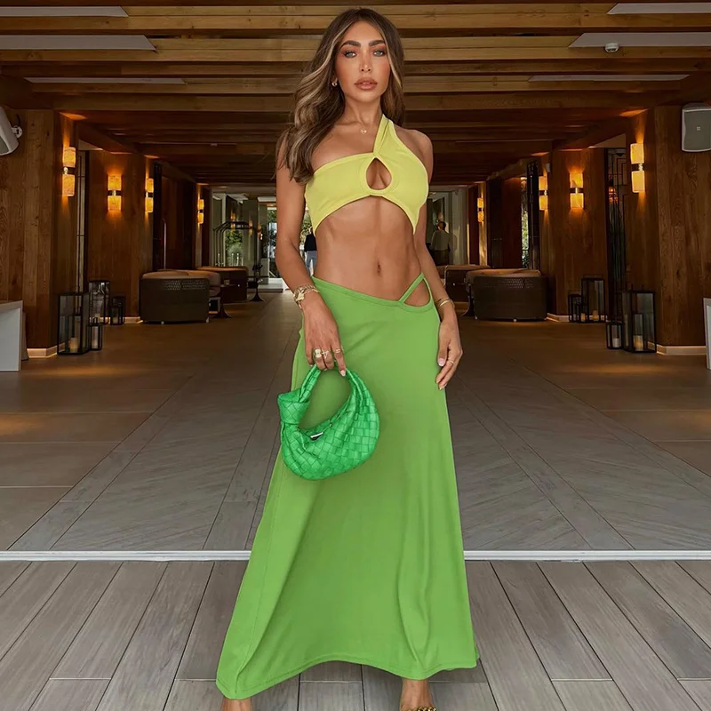 

Sylph Summer Sexy Outfits 2 Piece Set Hollow Out Sleeveless Backless Crop Top High Waist Maxi Skirts Matching Suit Club Party