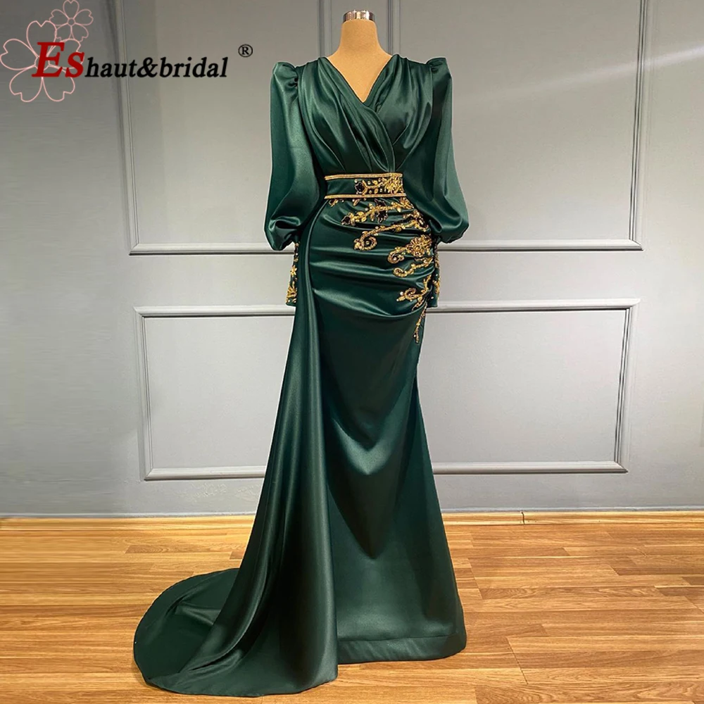 

Elegant Mermaid Evening Night Dress for Women 2022 Long Puff Sleeves V Neck Beads Handmade Dubai Formal Wedding Prom Party Gowns