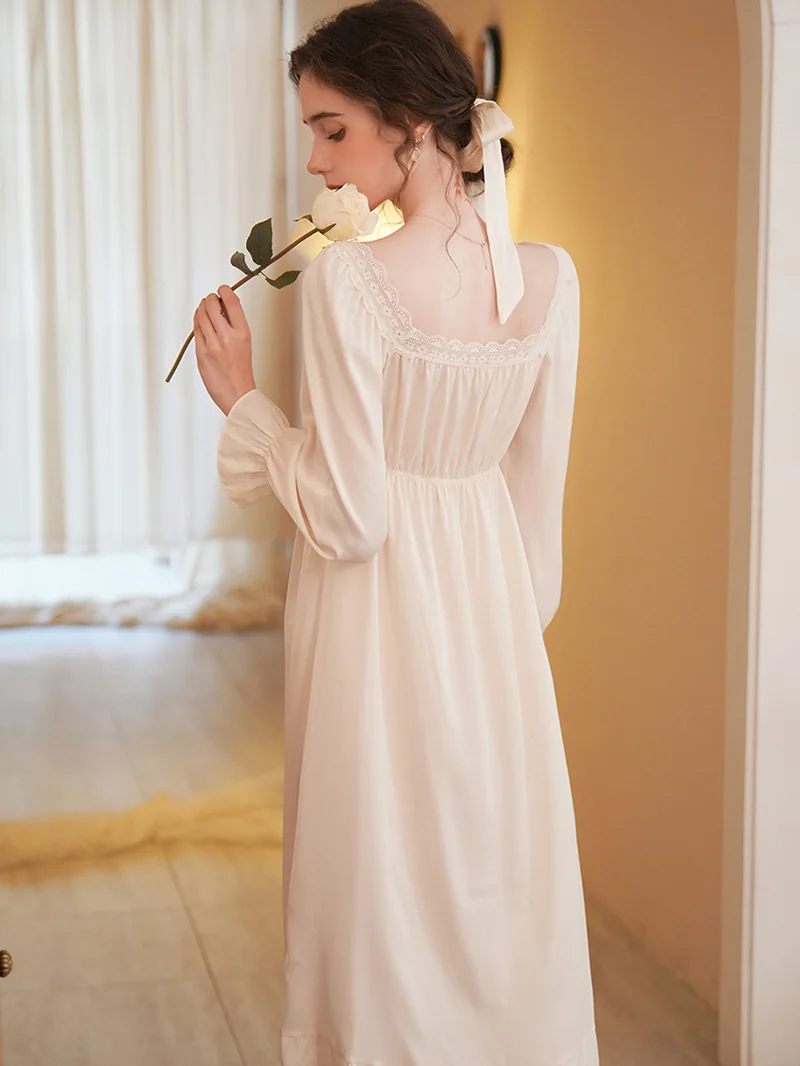 Women Spring Summer French Silk Lace Hollow Out Long Sleeve Nightdress Sexy Nightgowns Victorian Vintage Princess Sleepwear