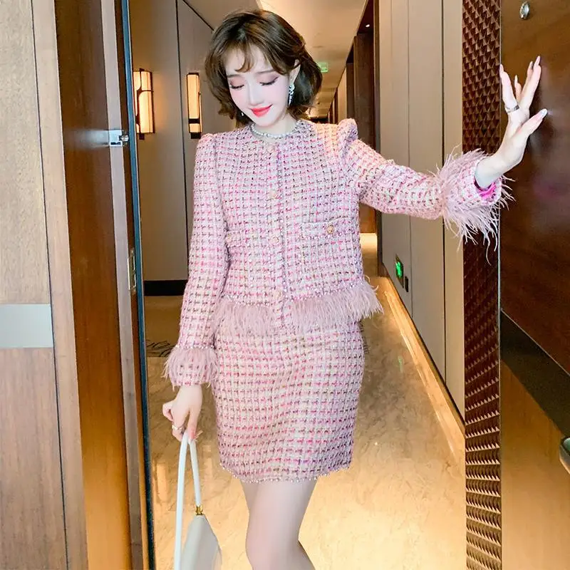 

Woman New Fashion Suits and High Waist Mini Skirt Female Two-pieces Set Ladies Casual Elegant Tweed Coat Two Piece Suits G244