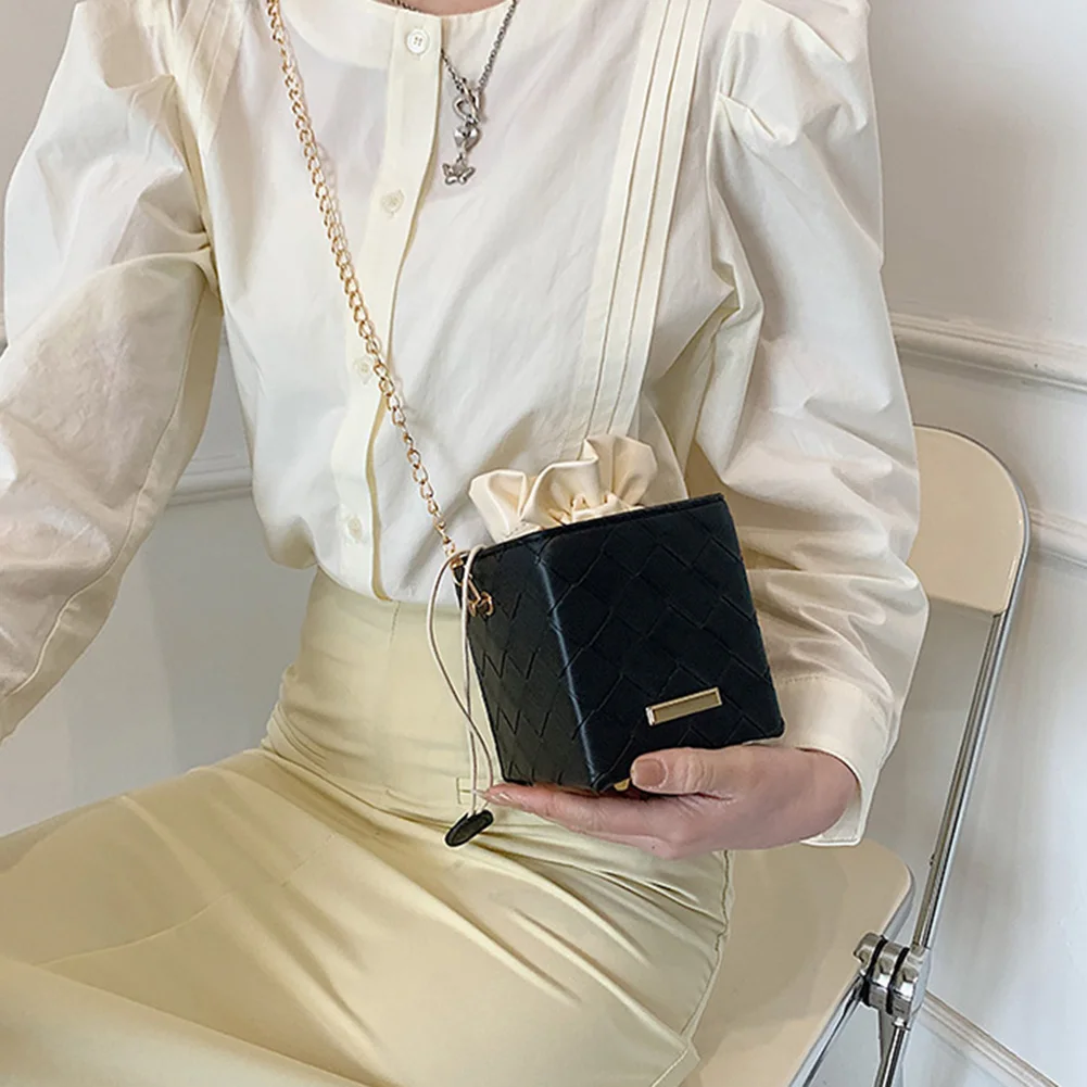 

Fashion Box Shape Chain Crossbody Bags for Women Square Box Bucket Bag PU Leather Drawstring Shoulder Handbag Phone Purse Clutch