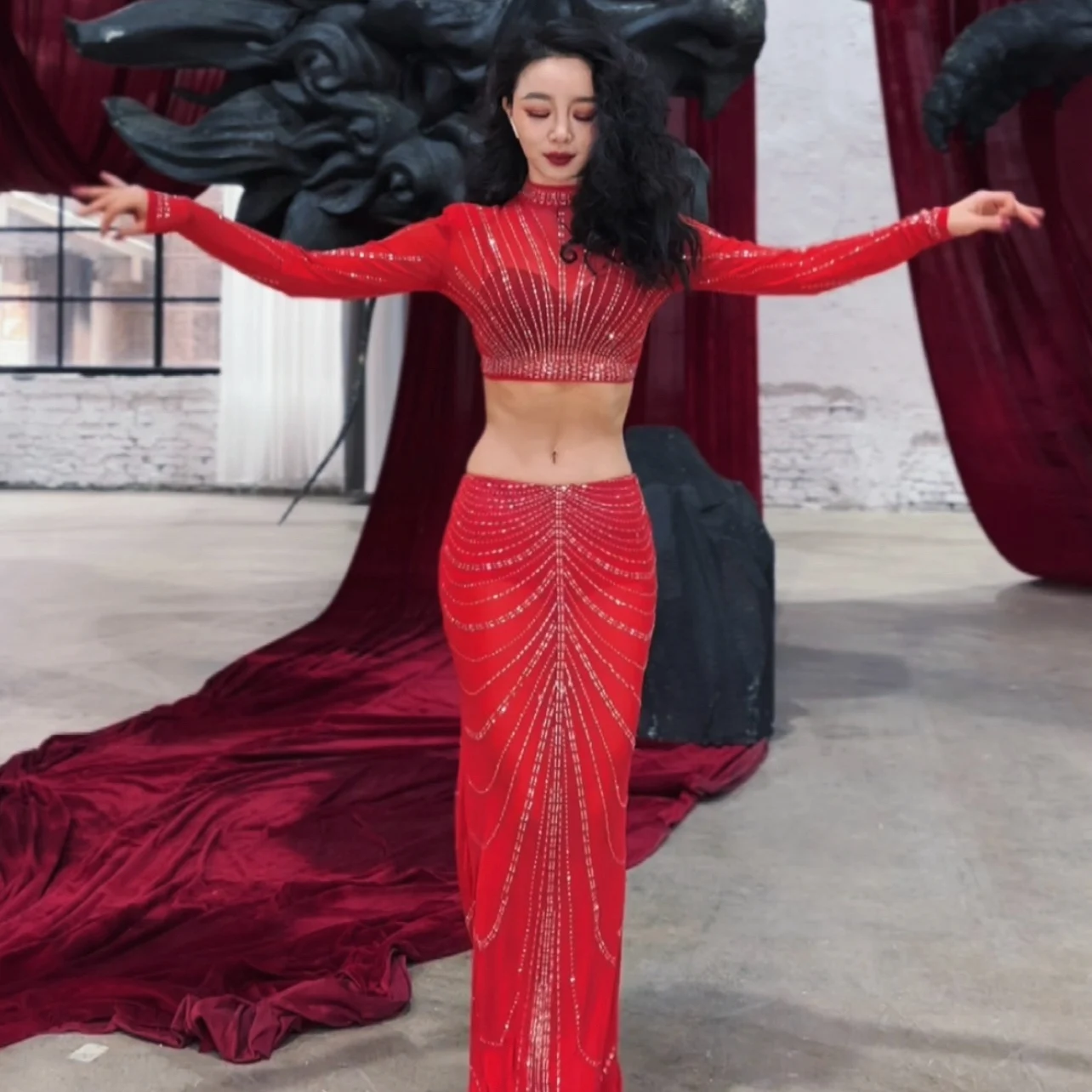 Костюм для танца живота женский роскошный популярный топ с блестками и стразами