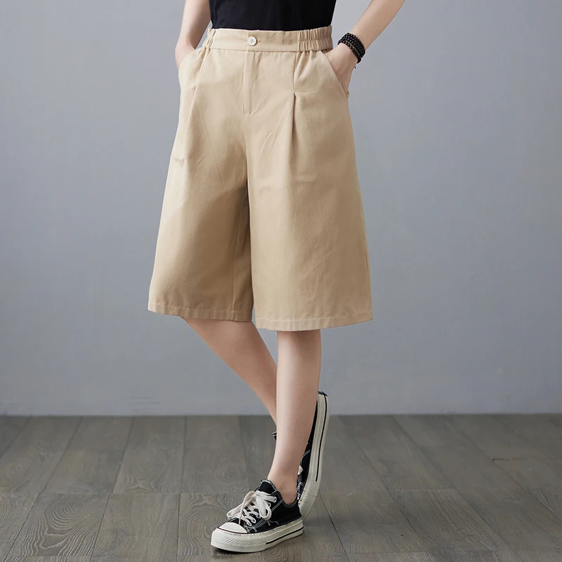 2023 New Summer Casual Loose Ladies Straight Pants Elastic High Waist Solid Knee-Length Wide Leg Pants for Women Black White