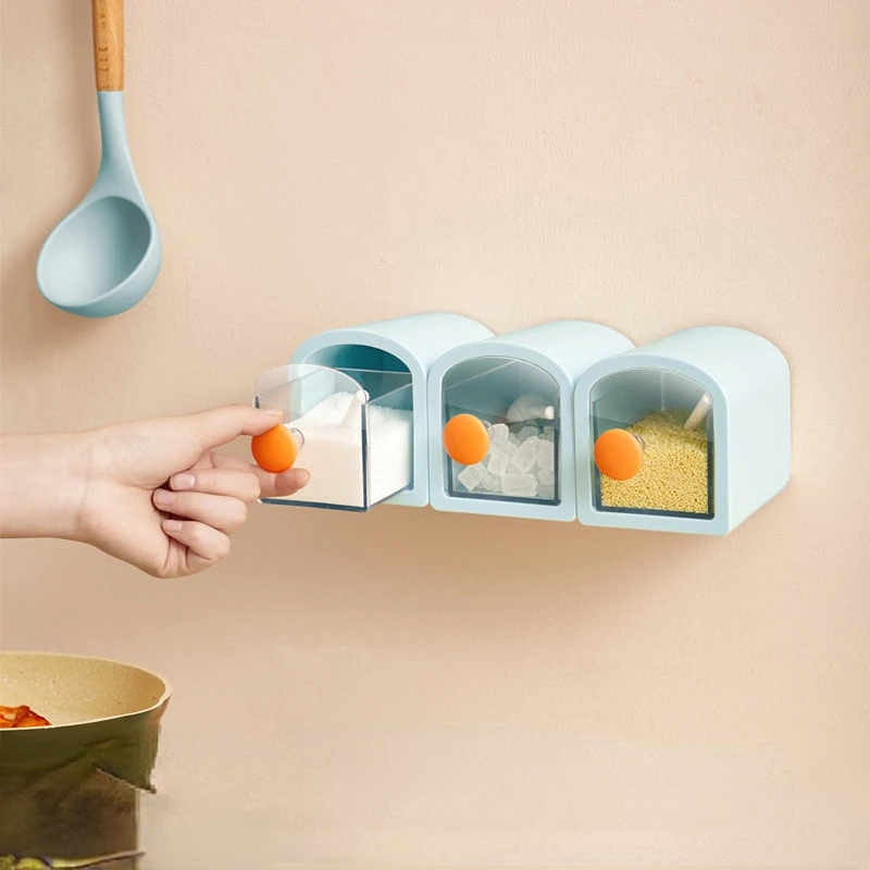 

New Perforated Wall Free Seasoning Box, Home Kitchen Seasoning Box, Spoon, Salt Pot, MSG Pot, Storage Box, Shelf