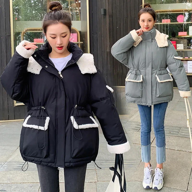 

2023 Lamb Wool Spliced Mid length Down Cotton Coat Women's Winter Korean Edition Waist Thickened Warm Cotton Coat