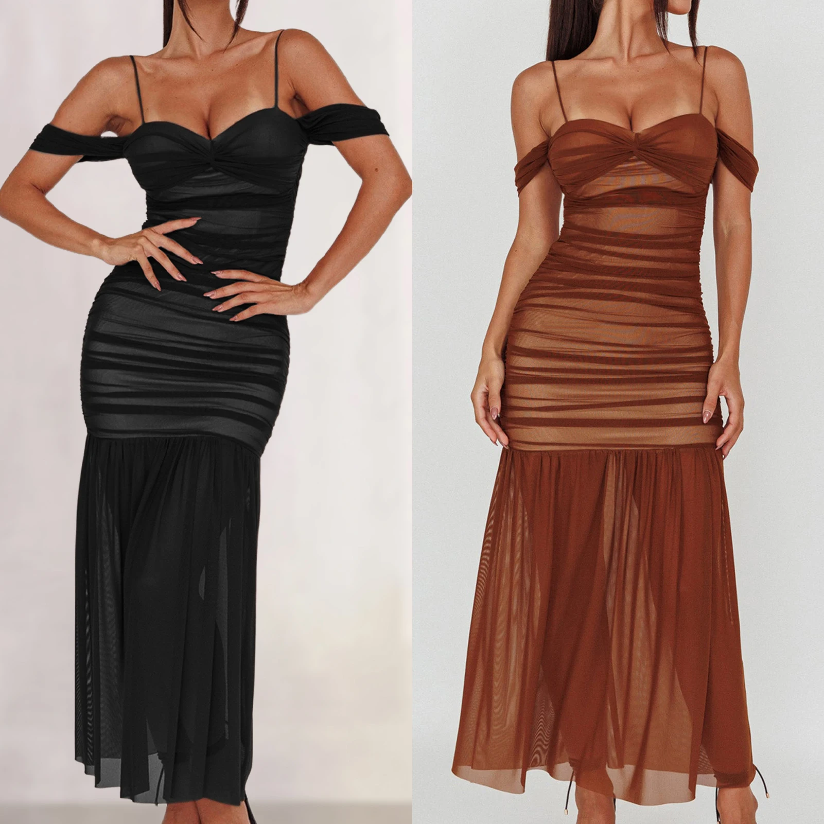 

Elegant Fashion Women Maxi Dress Spaghetti Strap Off Shoulder Open Back Dresses Solid Pleated Party Clubwear Female Dress