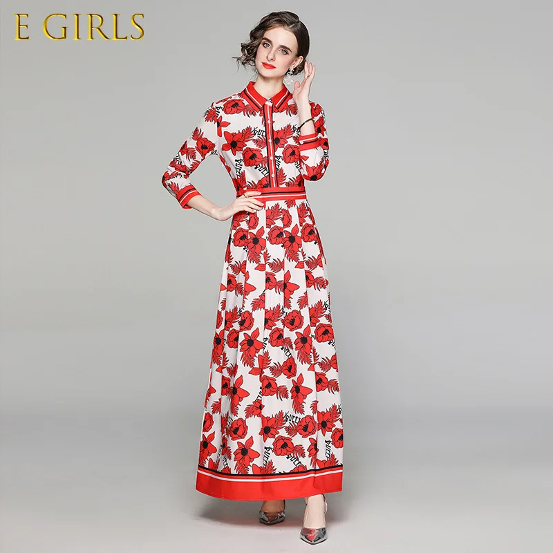 

E GIRLS Summer Long Maxi Dress Women's Turn Down Neck Long Sleeve Robe Charming Floral Print Bohemia Casual Runway Dress