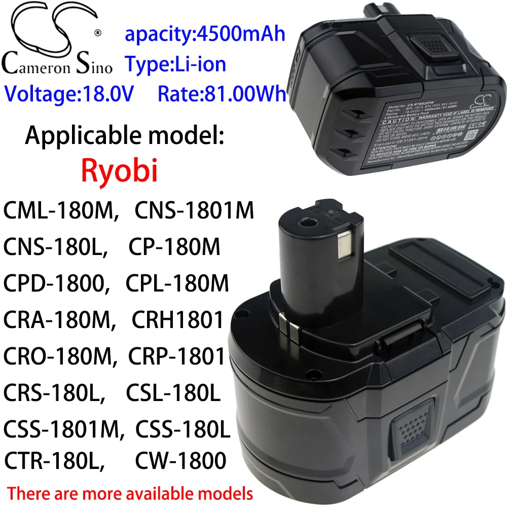 

Cameron Sino Ithium Battery 4500mAh 18.0V for Ryobi CRO-180M,CRP-1801,CRP-1801/DM,CRP-1801D,CRS 1803,CRS-180L,CSL-180L,CSS-1801M