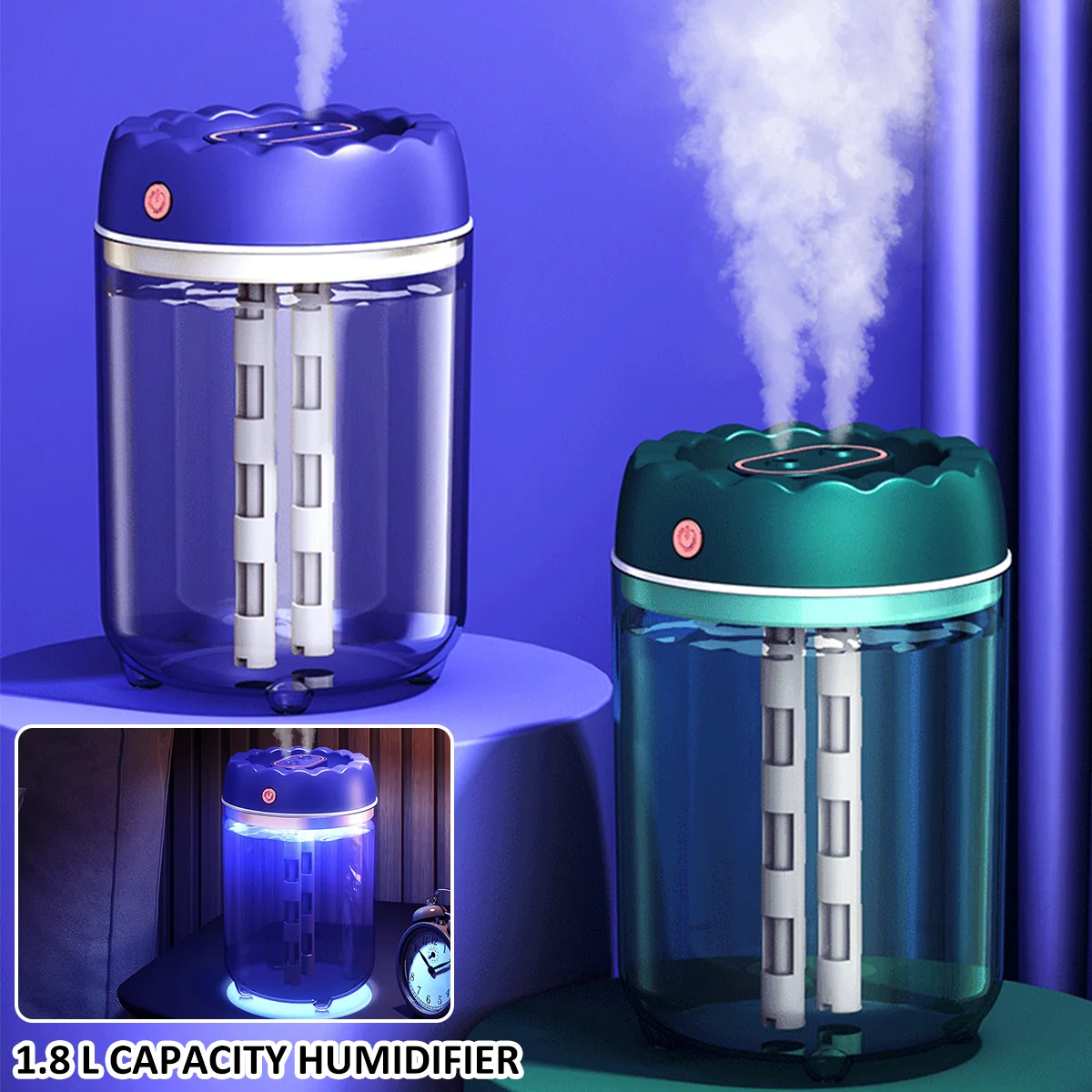 

L Air Humidifier with Colorful LED Light 1.8L Switchable Dual Nozzle Cool Mist Humidifiers Auto Shut Off USB Humidifier Clear