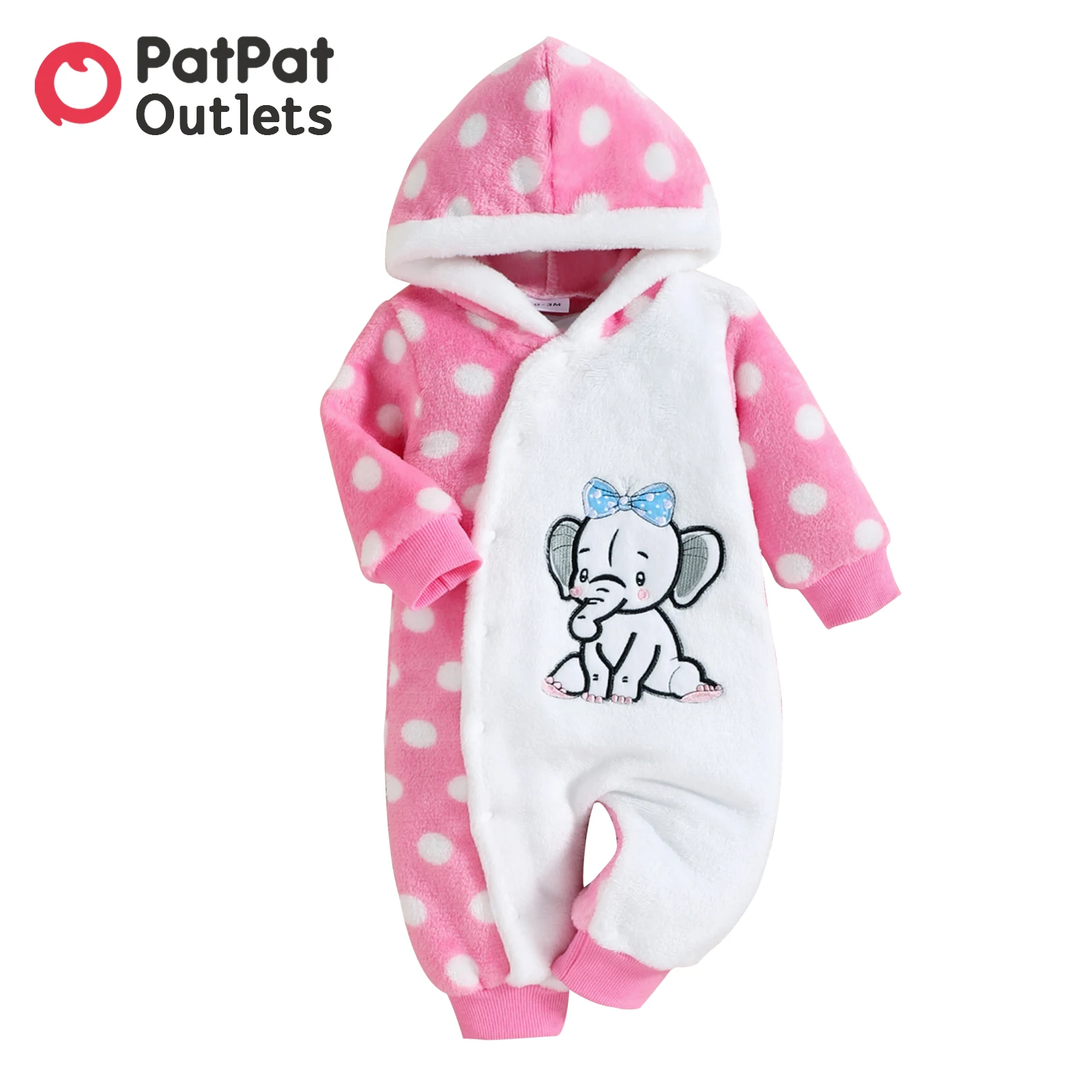 

PatPat Romper Baby Girl Clothes Jumpsuit New Born Overalls Infant Newborn Elephant Embroidered Polka Dots Hooded Thermal Fuzzy