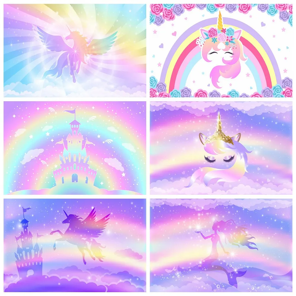 

Birthday Decoration Unicorn Rainbow Photography Backdrop Custom Baby Shower Mermaid Castles Flower Squama Party Photo Background