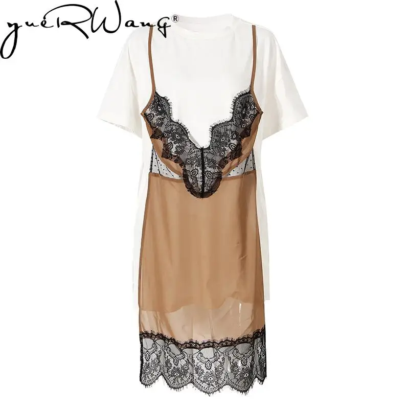 

Getspring Women Dress Fashion Short Sleeve Vintage Color Matching Lace Stitched Fake Two Irregular Dress New 2022 Spring Summer