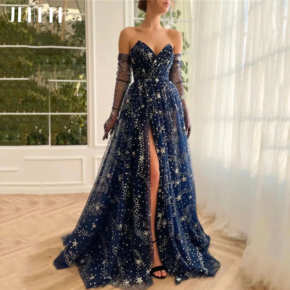 

JEHETH Navy Blue A-Line Prom Dresses Sparkle & Shine Sweetheart Tulle High Side Slit 2023 Vestido De Noche Floor Length