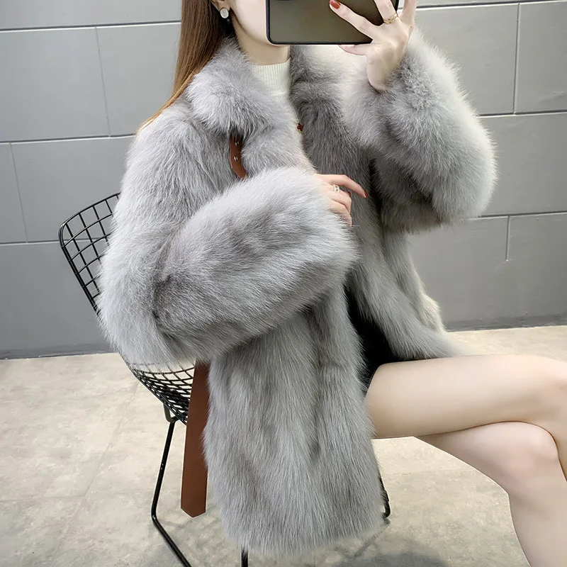 Winter Long Sleeve Coat Women Clothing Faux Fox Fur  Fashion Thick Warm  Coats Outerwear Fake  Jacket  with Belt