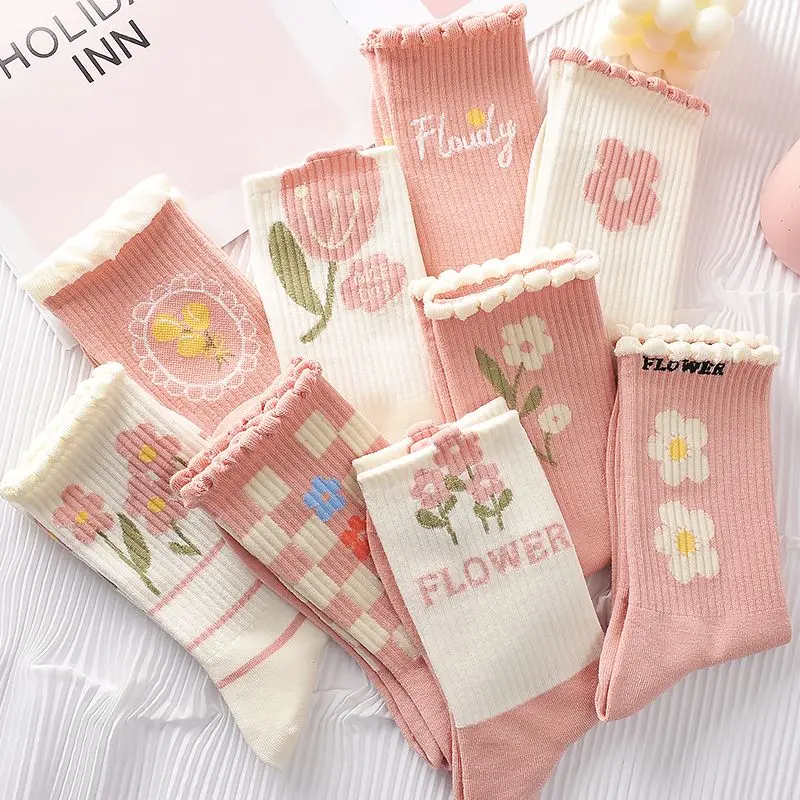 5Pair New Socks For Women Girls Preppy Style Kawaii Thermal Stockings Cute Flower Cartoon Bear Sweet Creative Korean Style Socks